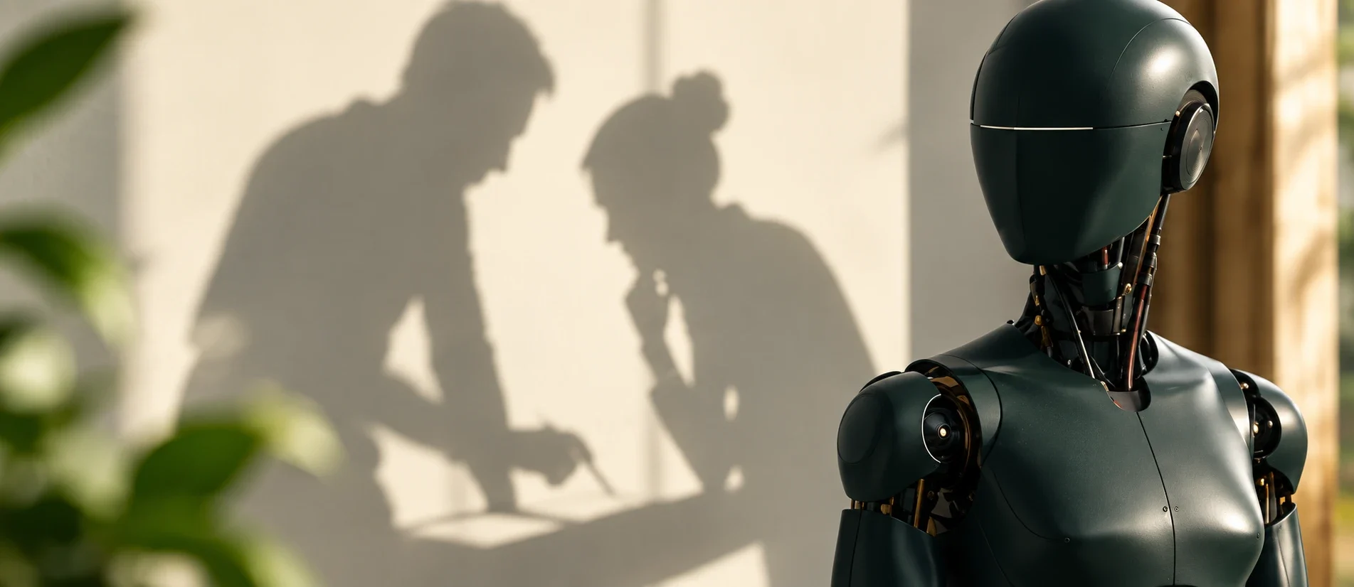 Egy sötétzöld humanoid robot; mögötte a falon két ember árnyéka, akik egy dokumentum fölé hajolnak