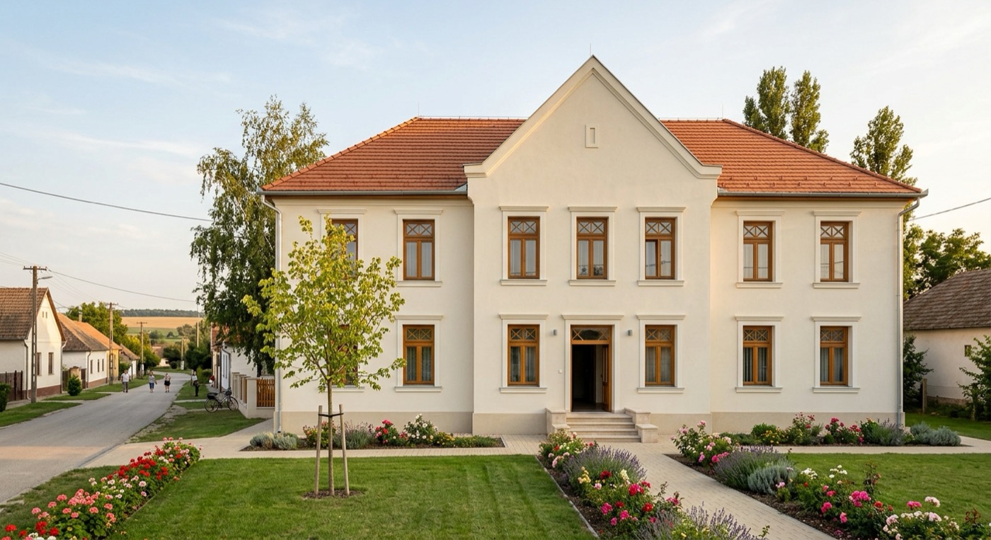 Felújított községháza egy falu főutcáján