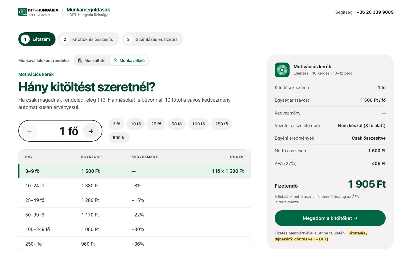 Megrendelés munkavállalói nézetben: 1 fő az alap létszám