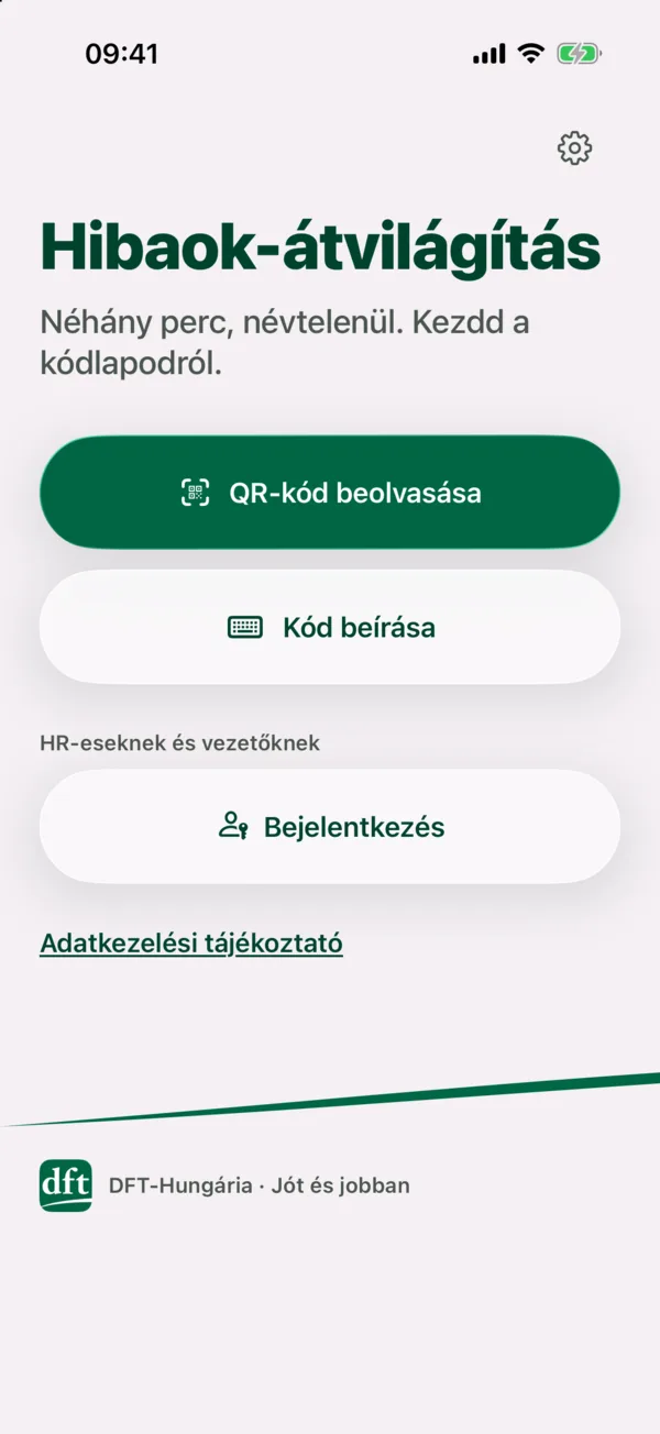 Kitöltő · Kezdőlap: A kitöltő QR-kód beolvasásával vagy a kódlapon lévő kód beírásával indul, a HR-esek innen jelentkeznek be.