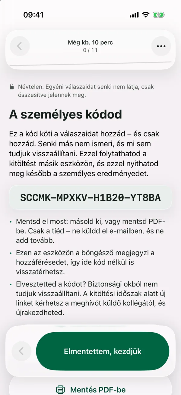 Kitöltő · A személyes kódod: A kitöltő saját kódja, amellyel később folytathatja a kitöltést és megnyithatja a személyes eredményét.