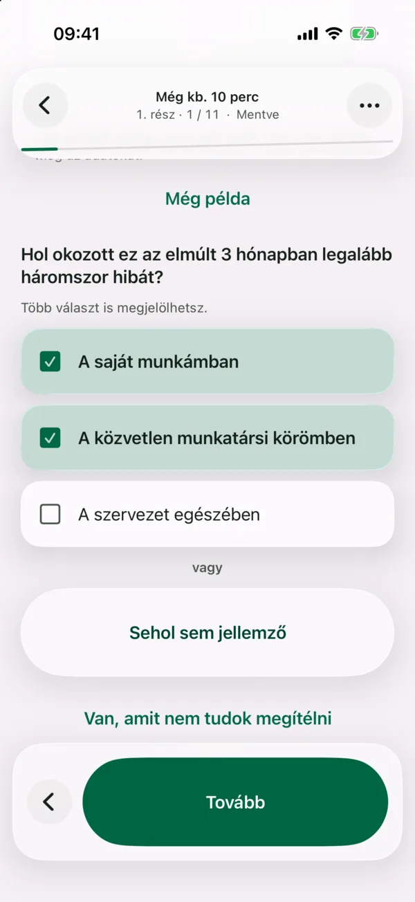 Kitöltő · Hibacsoport: hol jellemző?: Minden hibacsoportnál megjelölhető, hogy a saját munkában, a csapatban vagy a szervezetben jellemző-e.