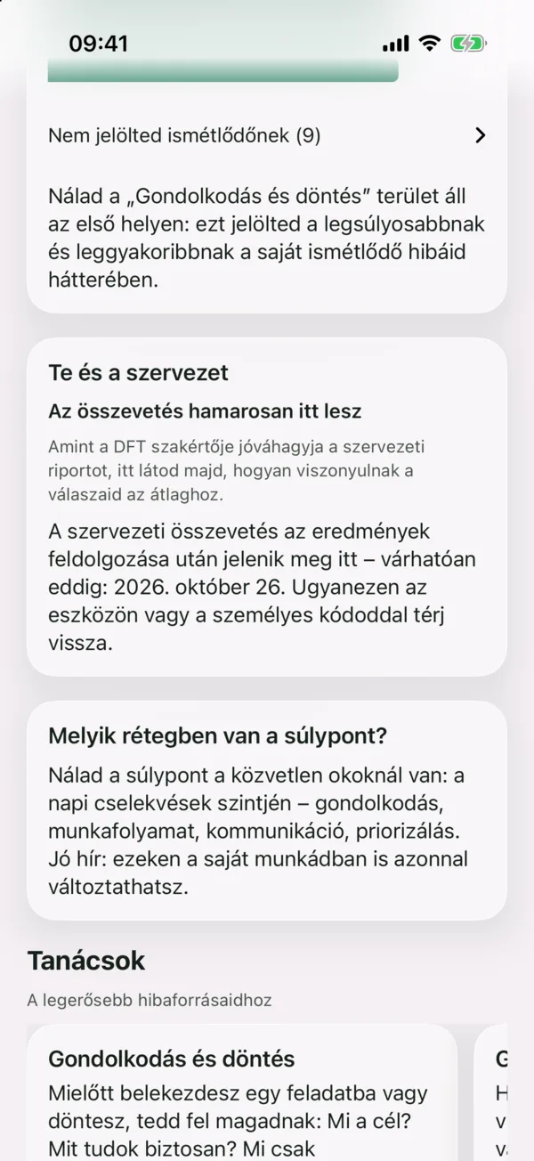 Kitöltő · Személyes eredmény – összevetés: Összeveti a saját munkát a csapattal és a szervezettel, és megmutatja, melyik rétegben van a súlypont.