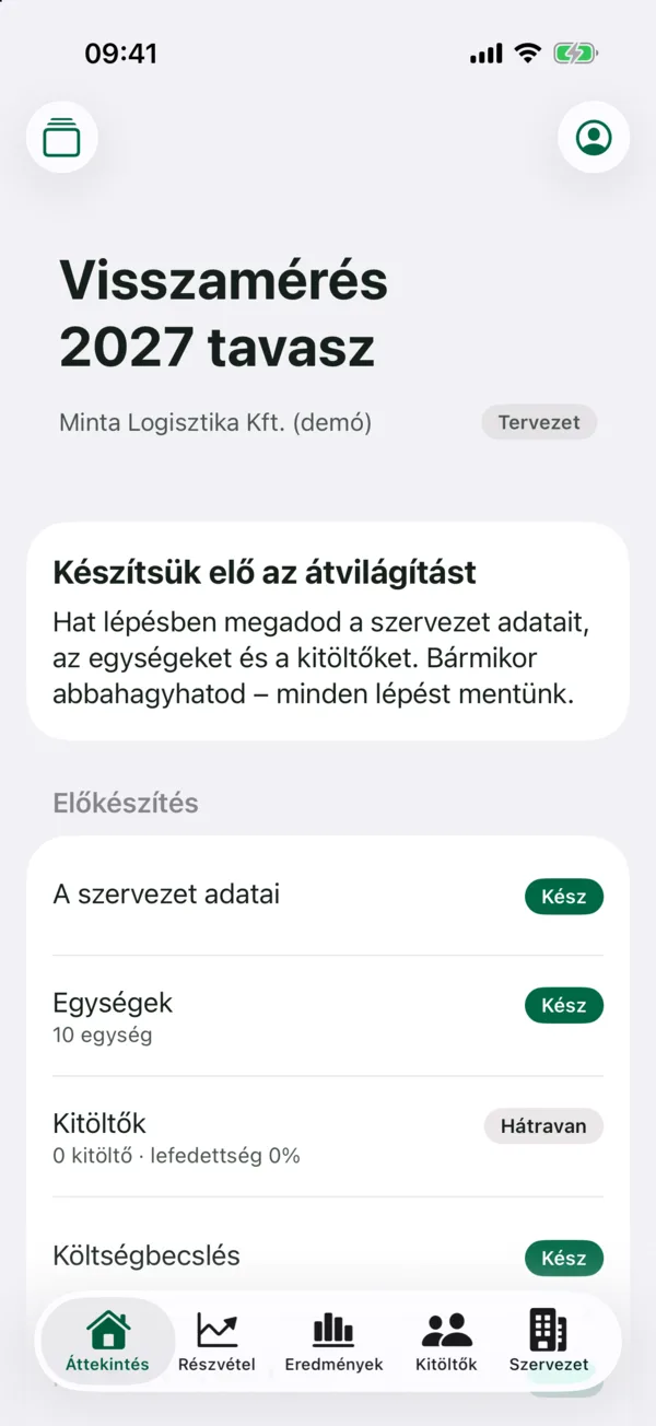 HR · Készítsük elő az átvilágítást: Új átvilágításnál hat lépésben adható meg a szervezet, az egységek és a kitöltők; minden lépés mentődik.