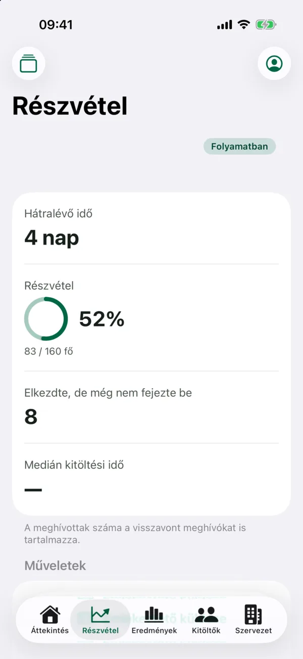 HR · Részvétel: Hátralévő idő, részvételi arány és a megkezdett, még be nem fejezett kitöltések száma.