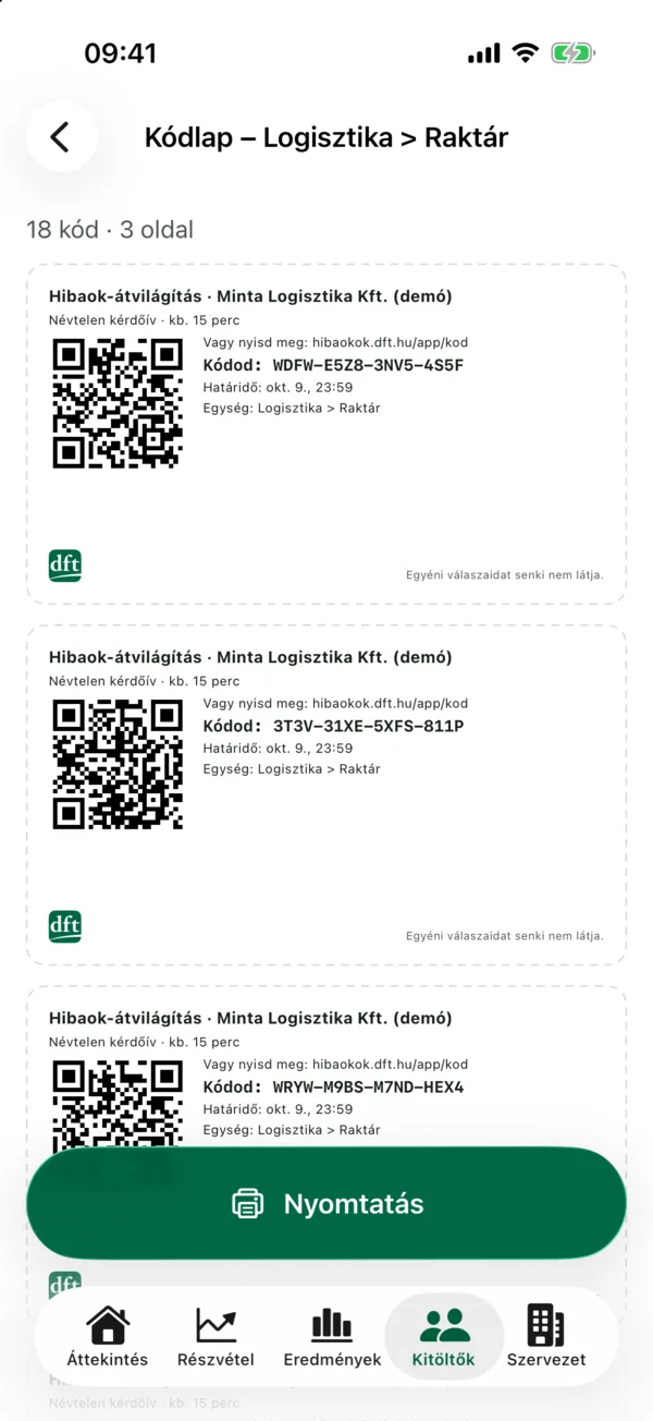 HR · Kódlap: Egységenként nyomtatható kódlap: minden szelvényen QR-kód, a beírható kód, a határidő és az egység.
