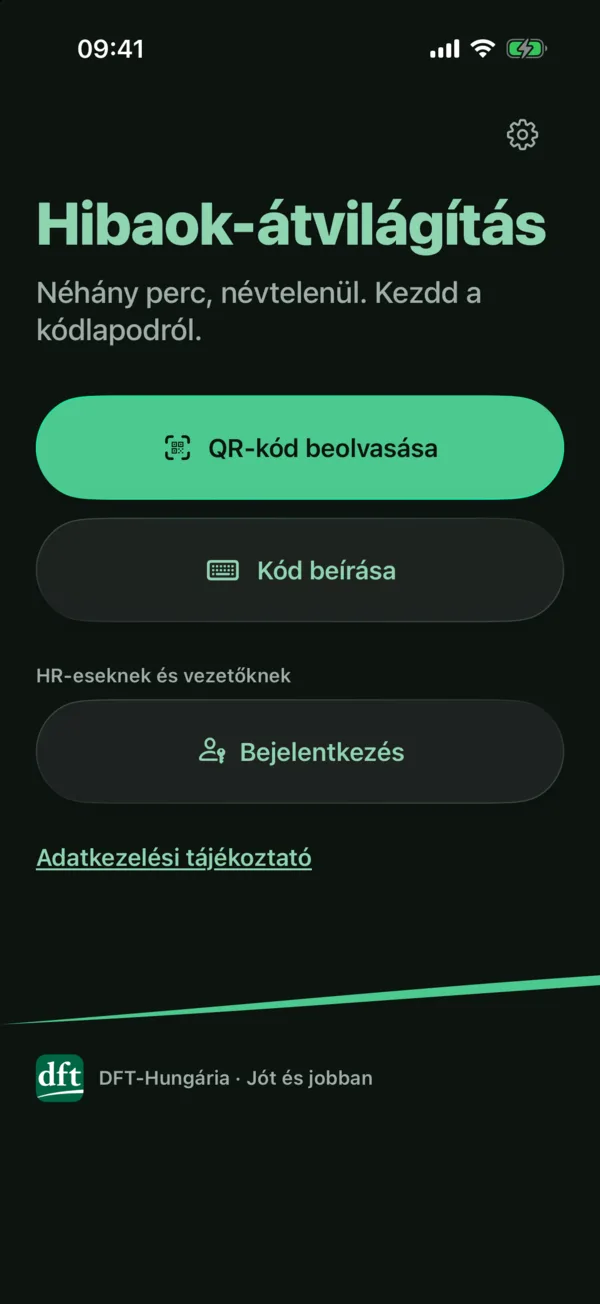 Kitöltő · Kezdőlap (sötét mód): A kezdőlap sötét módban.