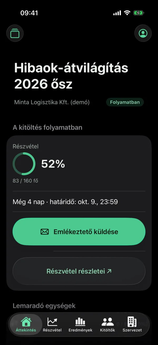 HR · Áttekintés (sötét mód): A HR áttekintés sötét módban, Liquid Glass sávokkal.